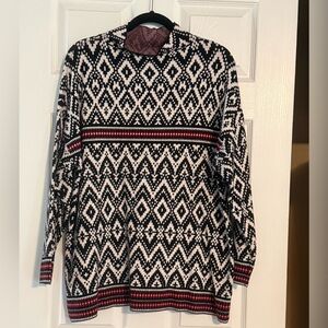 Tahari Black and White Geometric Crewneck Sweater with Red Stripe